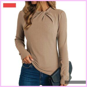 Mock Neck Twist Knot Blouse Long Sleeve Slim Fit Stretch Tee Business Casual